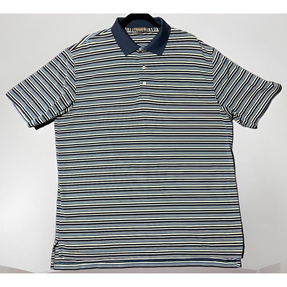 Peter Millar Polo Shirt Mens XL Striped Blue Khaki White Summer Comfort Golf